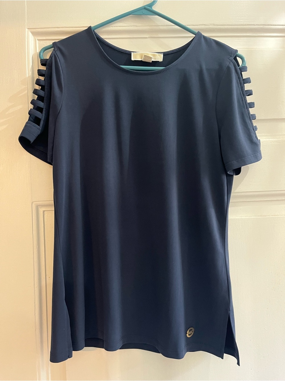 Michael Kors Navy Short Sleeve Top with Ladder Cut Sleeves